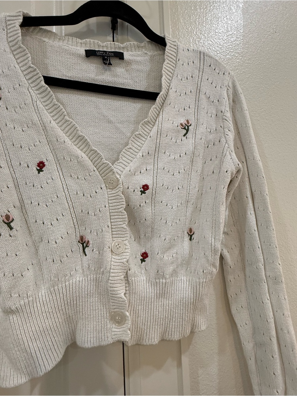 Cream Floral Embroidered V-Neck Cardigan by Witty Fox